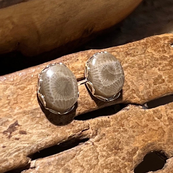 Petoskey Stone Stud Sterling Silver Post Earrings