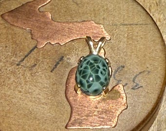 14k Gold Michigan Greenstone 10x8mm Oval Pendant - Isle Royale Michigan State Gemstone