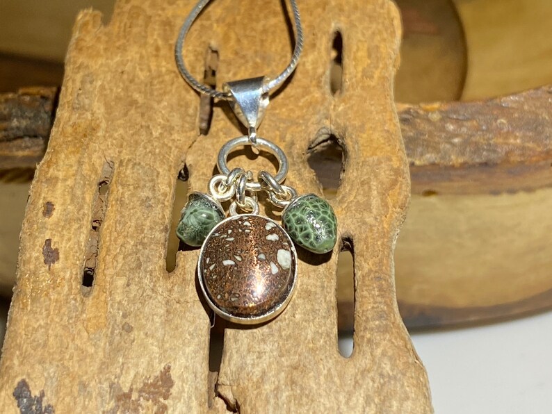 Upper Michigan Copper Firebrick Sterling Silver Necklace Michigan Greenstone Chlorastrolite