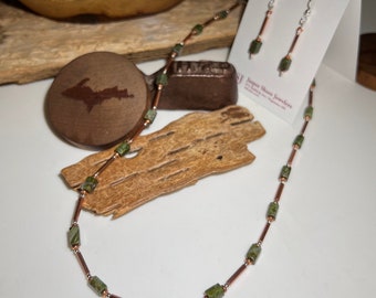 Copper Epidote Necklace and Earrings 18 inches long