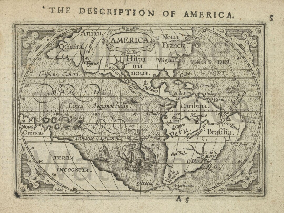 1603 Antique Map of America With Offset California Ships Sea Monsters ...