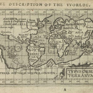 1603 Antike Weltkarte Ortelius Typus Orbis Terrarum Offset Kalifornien Vintage Sepia Historische druckbare Karte 24 "x 18"