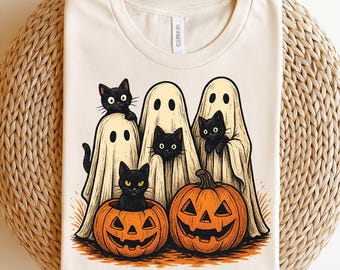 Retro Halloween Ghost & Cat PNG: Spooky Floral Design (Digital Download
