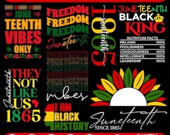May include: A digital download graphic bundle with eight Juneteenth-themed designs. The designs feature text like "Freedom," "Juneteenth Vibes," and "Black King," along with the year 1865 and a graphic of a sunflower in red, yellow, and green. Formats include SVG, PNG, DXF, EPS, and JPG.