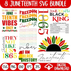 May include: A digital download graphic bundle with the text "8 Juneteenth SVG Bundle" in red. The image features various designs with the words "Juneteenth," "Freedom," and "Black King" in multiple colours. Includes file types SVG, PNG, DXF, EPS, and JPG.