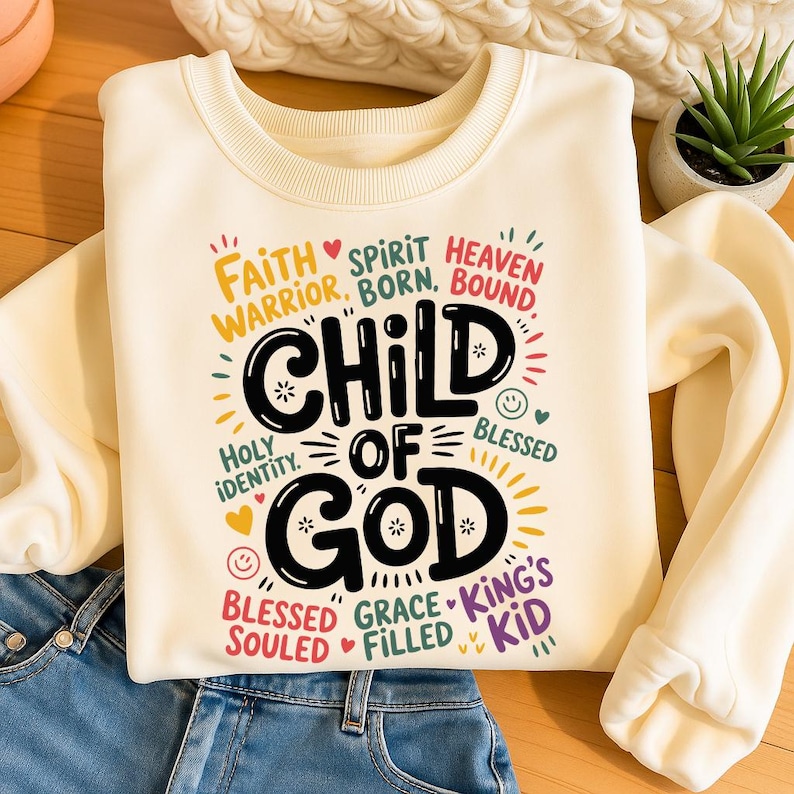 Flat lay of a cream-colored sweatshirt with the “Child of God” design, styled with denim jeans and placed on a wooden surface for a cozy look.