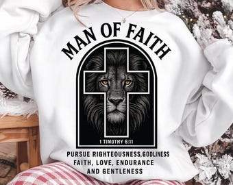 Man of Faith PNG: Christian Lion Cross Scripture T-Shirt Design (Digital Download)