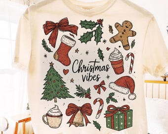 Retro Christmas PNG; Doodle Collage Holiday Tree & Hot Chocolate Coquette Preppy Design (Digital Download)