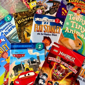 May include: A collection of children's books, including titles like "Flat Stanley and the Haunted House," "How to Train Your Dragon 2," and "Cars." The books feature colorful illustrations and are designed for early readers, with the "I Can Read!" and "Step into Reading" series prominently displayed.