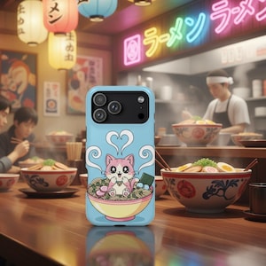 Puede incluir: Funda de teléfono azul claro con un gato de dibujos animados en un cuenco de ramen. El gato es rosa y blanco, con vapor saliendo del cuenco. El fondo muestra un restaurante de ramen con letreros de neón y faroles.