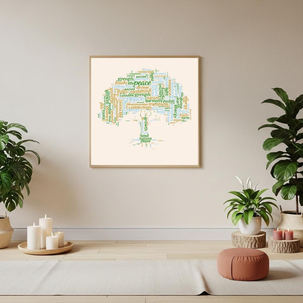 Bring balance and harmony with this Tree of Life word‑cloud canvas 🌳✨. Pastel greens, blues & gold fill the silhouette with 50+ uplifting words—roots, wisdom, peace, strength. Perfect for yoga, meditation, or as a mindful gift 🌿🌍