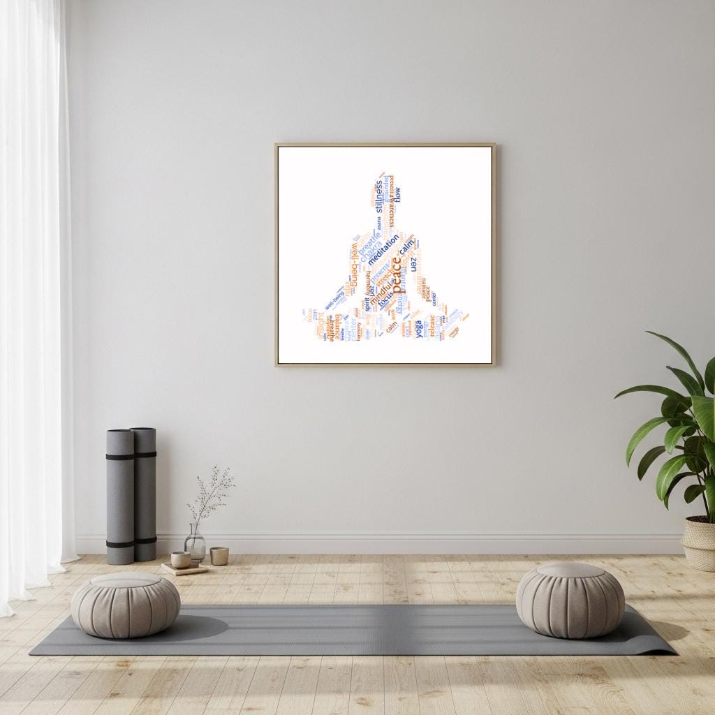 Elevate your space with a lotus‑silhouette word‑cloud canvas 🌸🧘‍♀️. Pastel lavender, mint & aqua swirl around 50 yoga‑mindfulness words—breathe, flow, zen. Ideal for studios, meditation nooks or as a calming gift. Ready‑to‑hang, eco‑friendly art 🌿✨