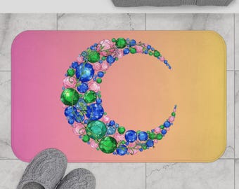 Tapete de Banho Lua Crescente com Pedras Preciosas, Decoração Mística para Banheiro