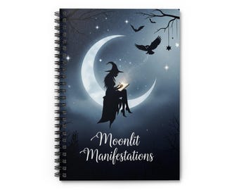 May include: Spiral-bound notebook with a celestial design. A witch silhouette sits on a crescent moon, reading a book. The background features a starry night sky, an owl, and the text "Moonlit Manifestations".