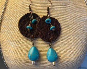 Handmade Leather Earrings with Turquoise accents