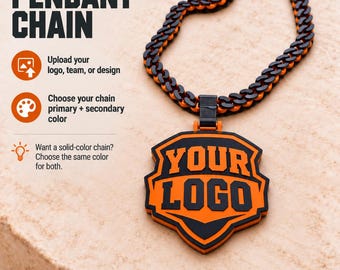 May include: A custom pendant chain featuring a shield-shaped pendant with the text YOUR LOGO in black and orange. The chain consists of interlocking links in alternating black and orange colors. Text on the image includes CUSTOM PENDANT CHAIN.