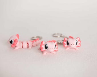 Articulated Axolotl Keychain, Wiggling 3D Printed Animal Keyring, PLA Plastic Fidget Toy