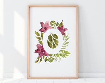 Lettre O Floral Monogram Print, nom de chambre de bébé, cadeau de naissance, impression personnalisée, Art du nom personnalisé,