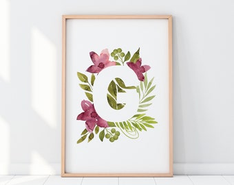 Letter G Floral Monogram Print, Nursery name, Baby shower gift, Personalized print,  Floral initial print - Custom name art, Digital Product