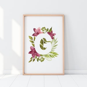 Letter G Floral Monogram Print, Nursery name, Baby shower gift, Personalized print, Floral initial print Custom name art, Digital Product image 1