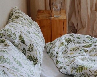 Botanical Bed Linen Set 100% Cotton Satin Duvet Cover and Pillowcases Botanical Pattern Print Cotton Bedding Floral Print Bed Linen OEKO-Tex