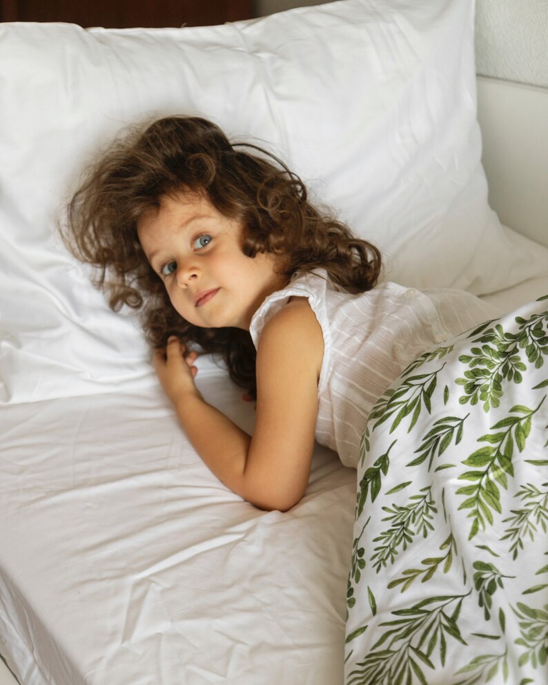 Toddler Bed Linen Set. Cotton Satin Duvet Cover and Pillowcases. Botanical Pattern Print. Cotton Bedding for Kids. Floral Print Bed Linen. image 6
