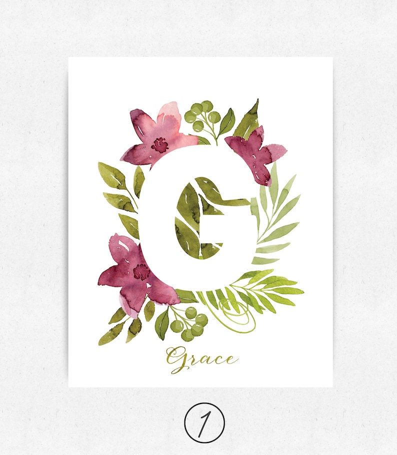 Letter G Floral Monogram Print, Nursery name, Baby shower gift, Personalized print, Floral initial print Custom name art, Digital Product image 2