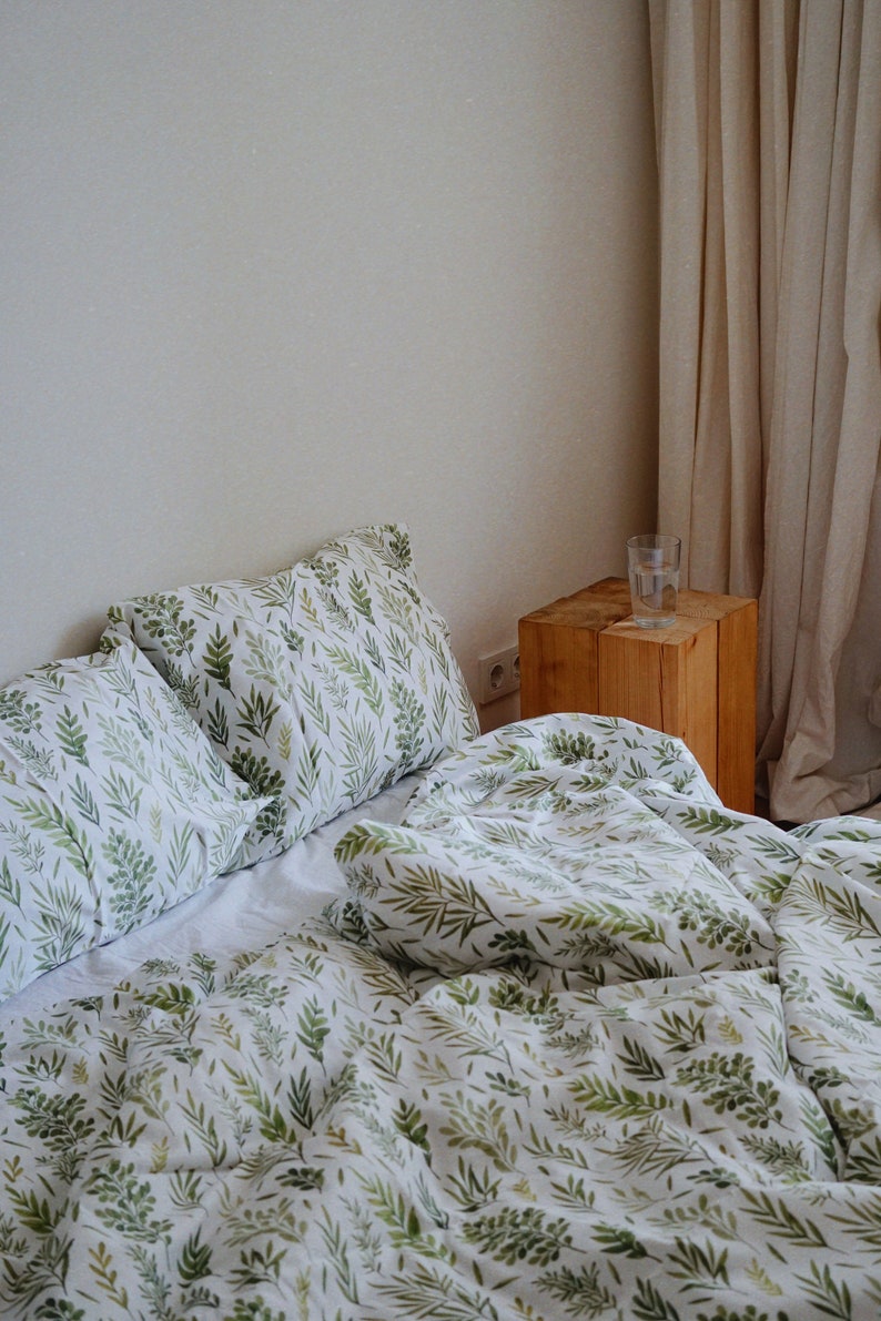 Bed Linen Set. Cotton Satin Duvet Cover and Pillowcases. Botanical Pattern Print. Cotton Bedding. Floral Print Bed Linen. image 5