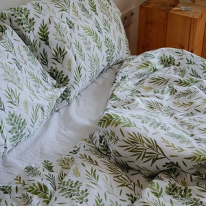 Bed Linen Set. Cotton Satin Duvet Cover and Pillowcases. Botanical Pattern Print. Cotton Bedding. Floral Print Bed Linen. image 6