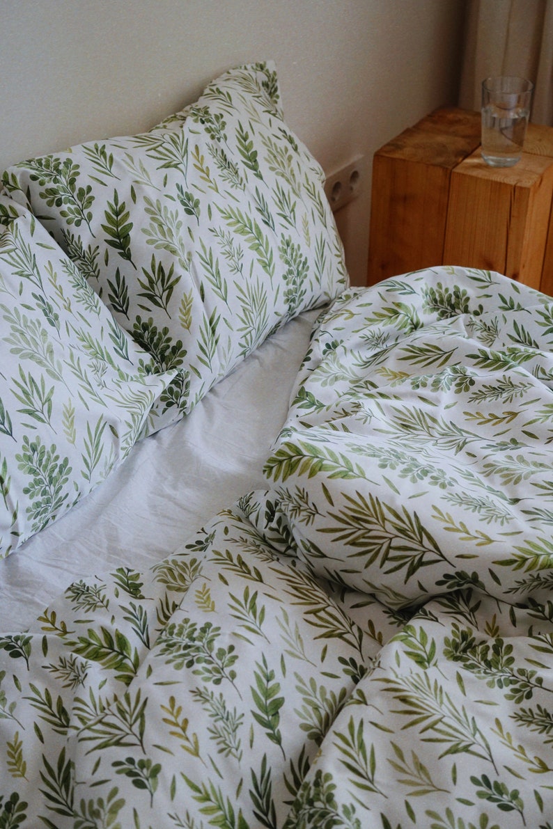 Bed Linen Set. Cotton Satin Duvet Cover and Pillowcases. Botanical Pattern Print. Cotton Bedding. Floral Print Bed Linen. image 6