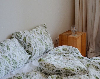 Baumwollsatin-Bettwasche mit Aquarell-Farn-Muster-Druck | 220x240 cm Bettbezug | 2 Kissenbezuge 50х70 cm