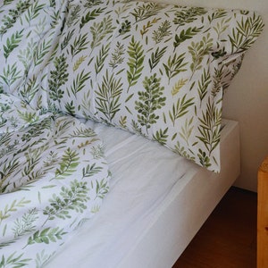Bed Linen Set. Cotton Satin Duvet Cover and Pillowcases. Botanical Pattern Print. Cotton Bedding. Floral Print Bed Linen. image 9