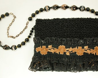 Copper Lace - black purse with black lace and copper color embroidered flowers