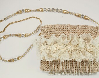 Bridal Blush - Ivory evening bag with lace, beads and woven flowers