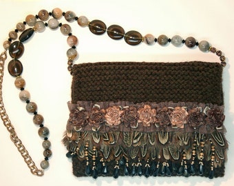 Feathered Rose - Brown and taupe handcrafted evening purse with beads, feathers and satin rosettes.