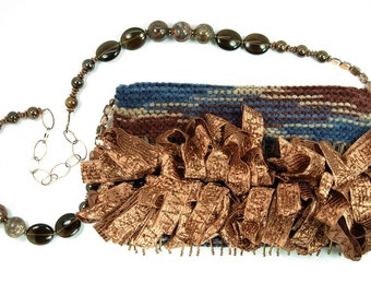 Cocoa Silk - evening bag in brown and navy with ruffles and beads