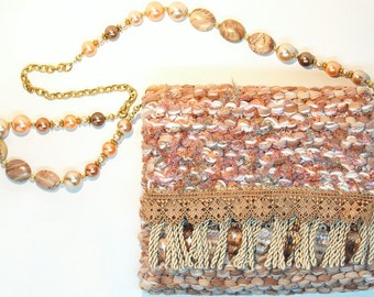 Camelot - soft camel and pink knitted purse with lace, fringe and beads