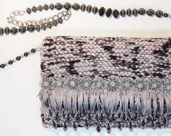 Silver Fringe - silver, grey and black evening purse with fringe, beads and flowers