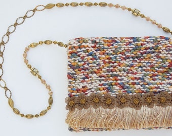 Jewel Daisy - multi-colored jewel-tone knitted purse with fringe and organza flowers