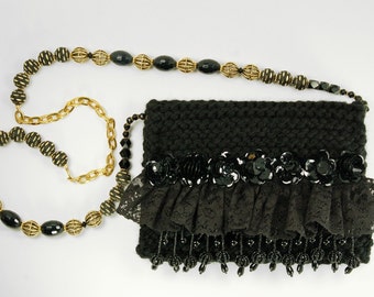 Spangled Night - Black evening purse with lace, beads and sequins