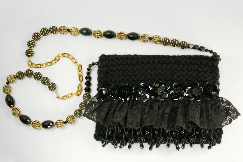 Spangled Night Black evening purse with lace, beads and sequins image 1