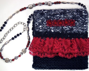 Crimson Night - Black and silver evening bag with red lace and red flowers