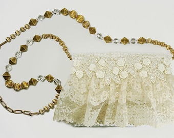 Ivory Lace - ivory evening bag with lace, beads and flowers