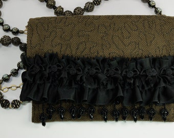 Ruffled Moss - Purse in Deep Green with Black Ruffles and Beads