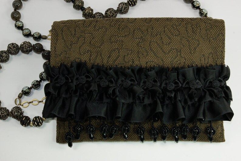 Ruffled Moss Purse in Deep Green With Black Ruffles and Beads Etsy