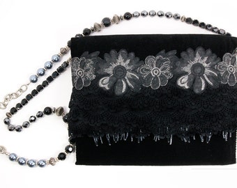 Midnight Sparkle Evening Purse in Black Velvet with Lace, Flowers and Beads