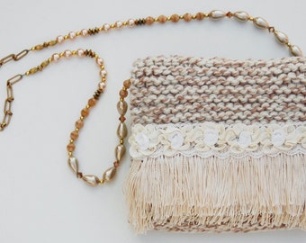 Ivory Fringe - ivory purse with fringe and satin flowers and beaded strap