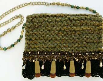 Golden Jade - jade green evening purse with black lace, woven beads and beaded drops