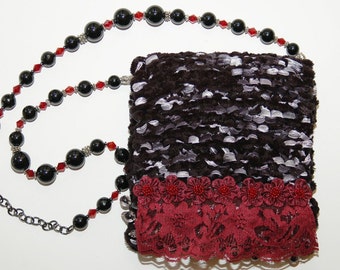 Ruby Eve - black, silver and red evening purse with beads and lace