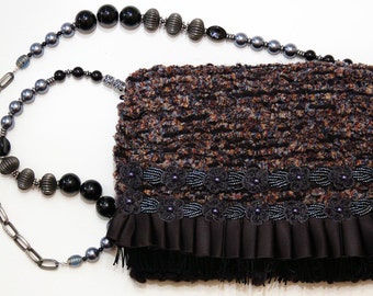 Midnight Sky - black and dark blue evening purse with fringe, ruffles, woven flowers, and beads